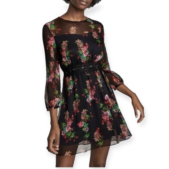 Zara Basic Black Floral Sheer Dress Women’s Size Medium Wedding Formal Prom - Picture 1 of 9